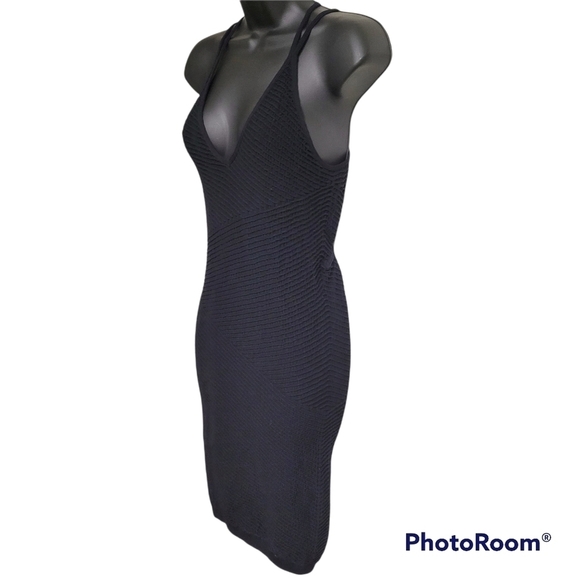 BCBGeneration Black Textured Strappy Back Bodycon V-neck Dress Size M/L - Picture 5 of 12